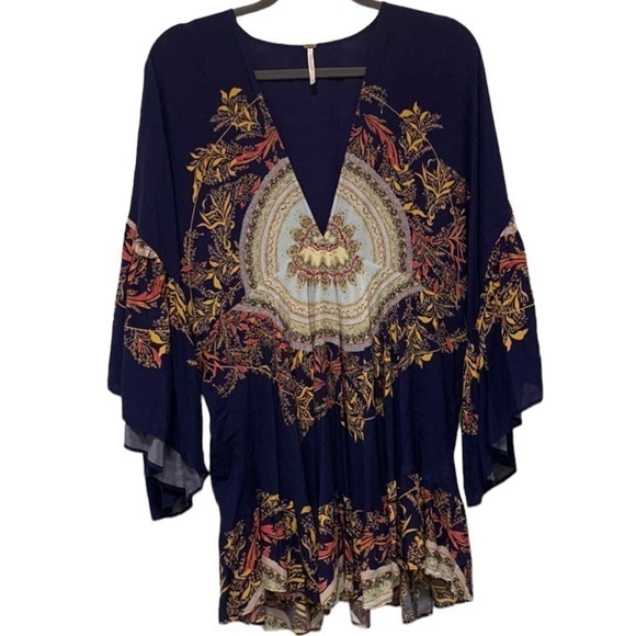 Free People Tops - Free People Blouse Navy Yellow‎ Pink Size Medium